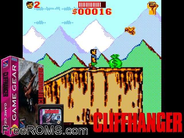 Cliffhanger Game Gear game showing 3D box cover and gameplay screenshot
